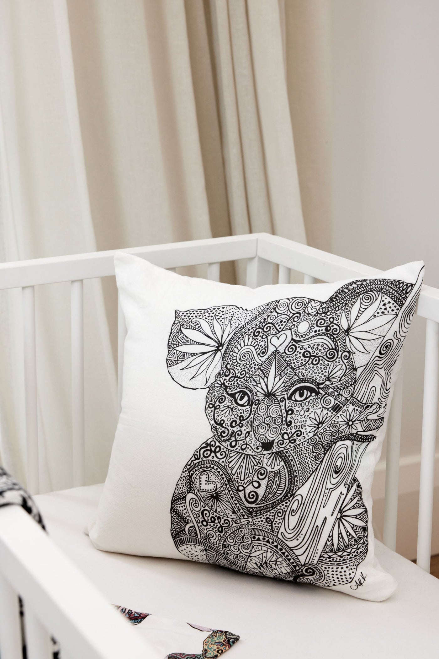 Kimberly the Koala Natural Linen Cushion - Black and White