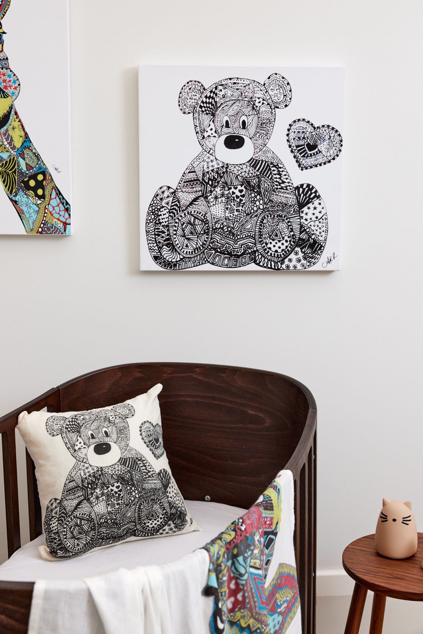 Tallulah the Teddy Natural Linen Cushion - Black and White