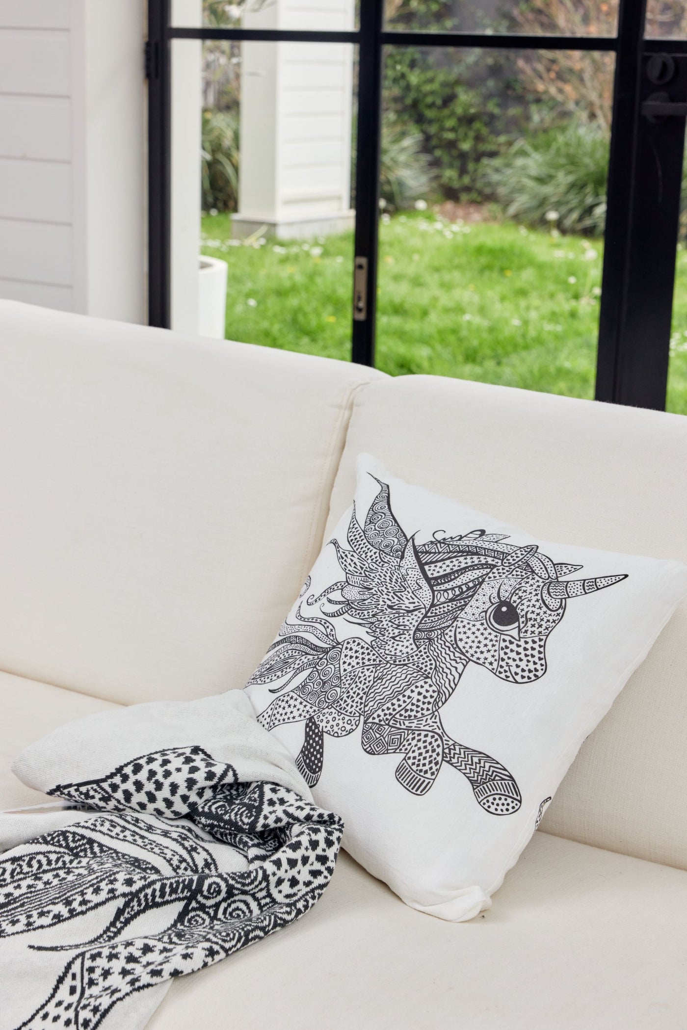 Lila the Unicorn Natural Linen Cushion - Black and White