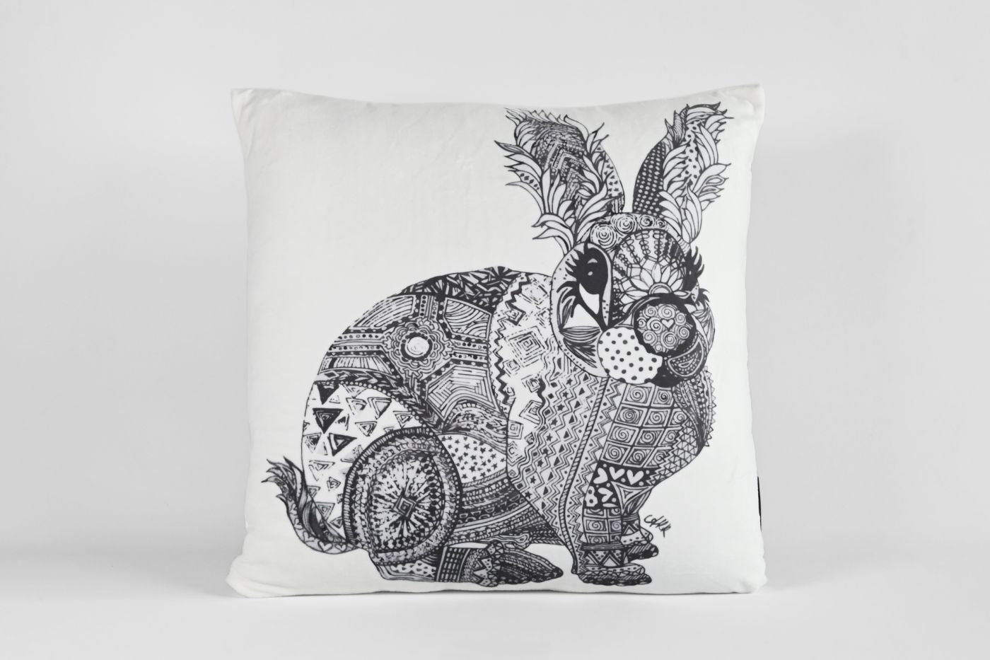 Boris the Bunny Velvet Cushion - Black and White