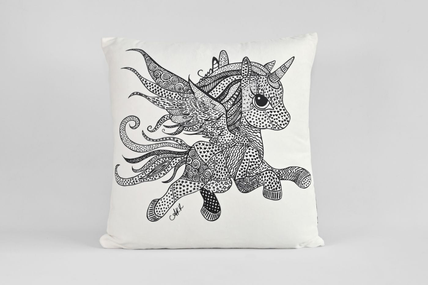 Lila the Unicorn Velvet Cushion - Black and White