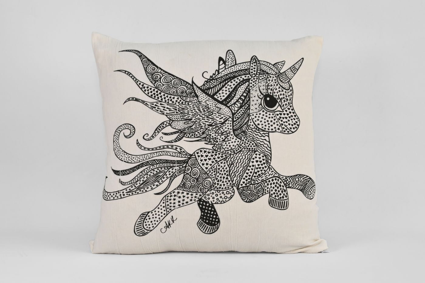 Lila the Unicorn Natural Linen Cushion - Black and White