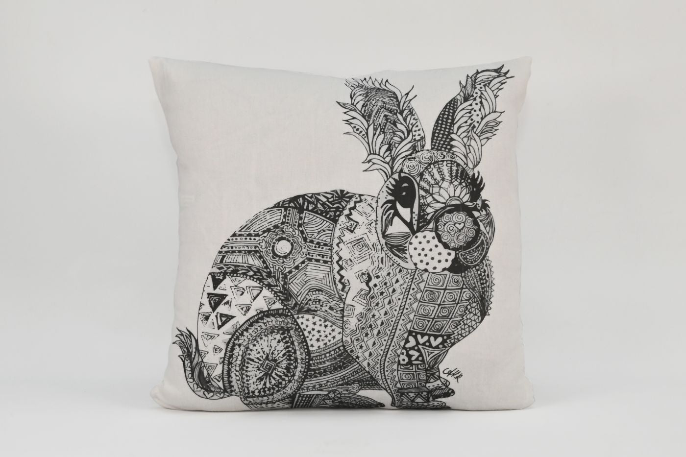 Boris the Bunny Natural Linen Cushion - Black and White