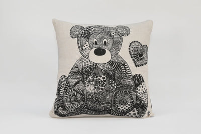 Tallulah the Teddy Natural Linen Cushion - Black and White